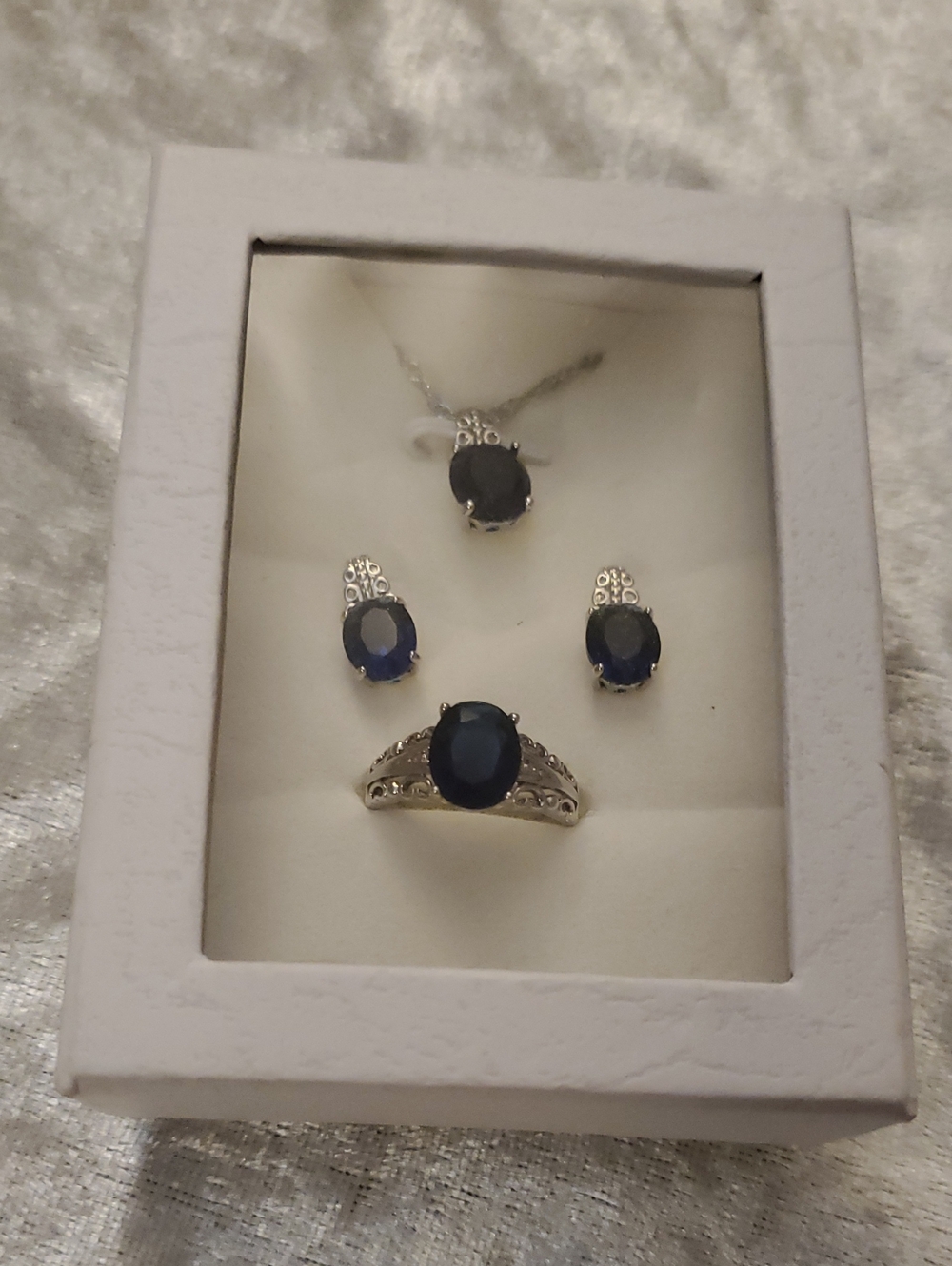 Silver-Tone Blue Crystal Faux Blue Sapphire Jewelry Set Necklace Earrings Ring 7